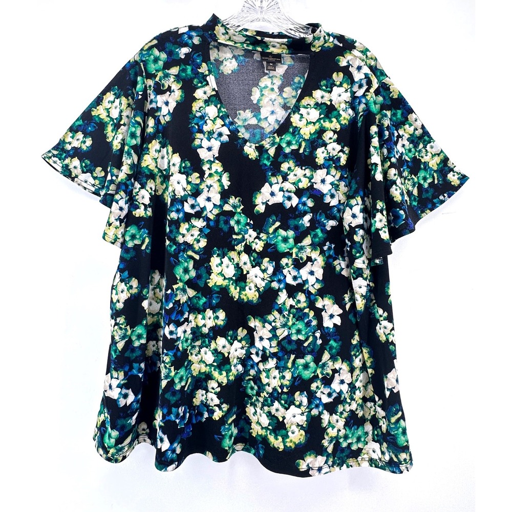 Worthington Woman Floral Choker V-Neck Flutter Sleeve Blouse Black Green 1X